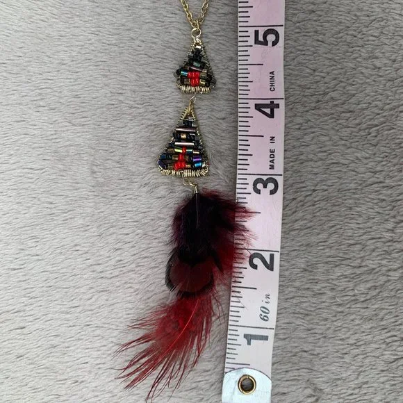 Express Layered Golden-Toned Beaded Triangles and Feather Necklace - Picture 14 of 15